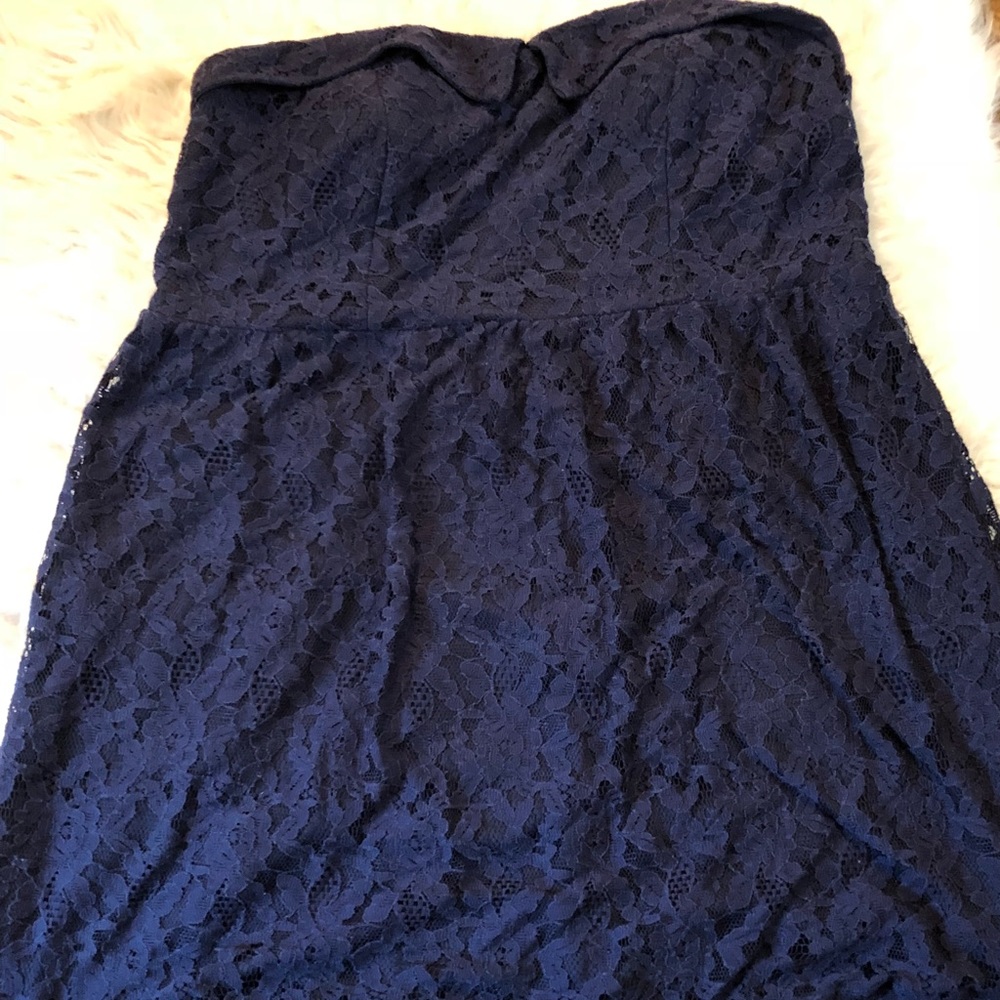 blue strapless, lace summer dress.